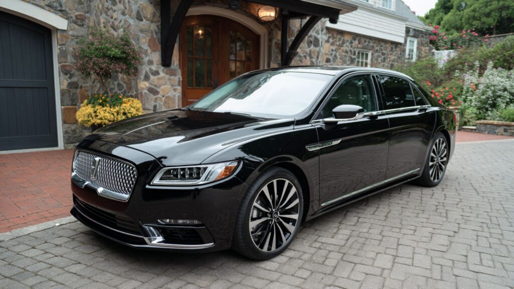 Elegant black limo parked and ready for wedding guests in a scenic outdoor setting in Connecticut