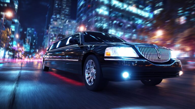 Luxury black limousine driving at night with city lights glowing in the background, showcasing elegance and sophistication.